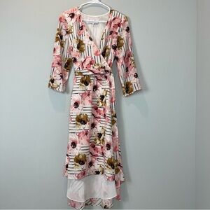 Charles Henry 3/4 Sleeve High Low Faux Wrap Floral Dress Sz S Flowy Summer Sun
